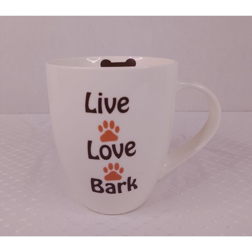 THL Live Love Bark Dog Mug Coffee Cup Large Ceramic White Paw Print Bone Inside